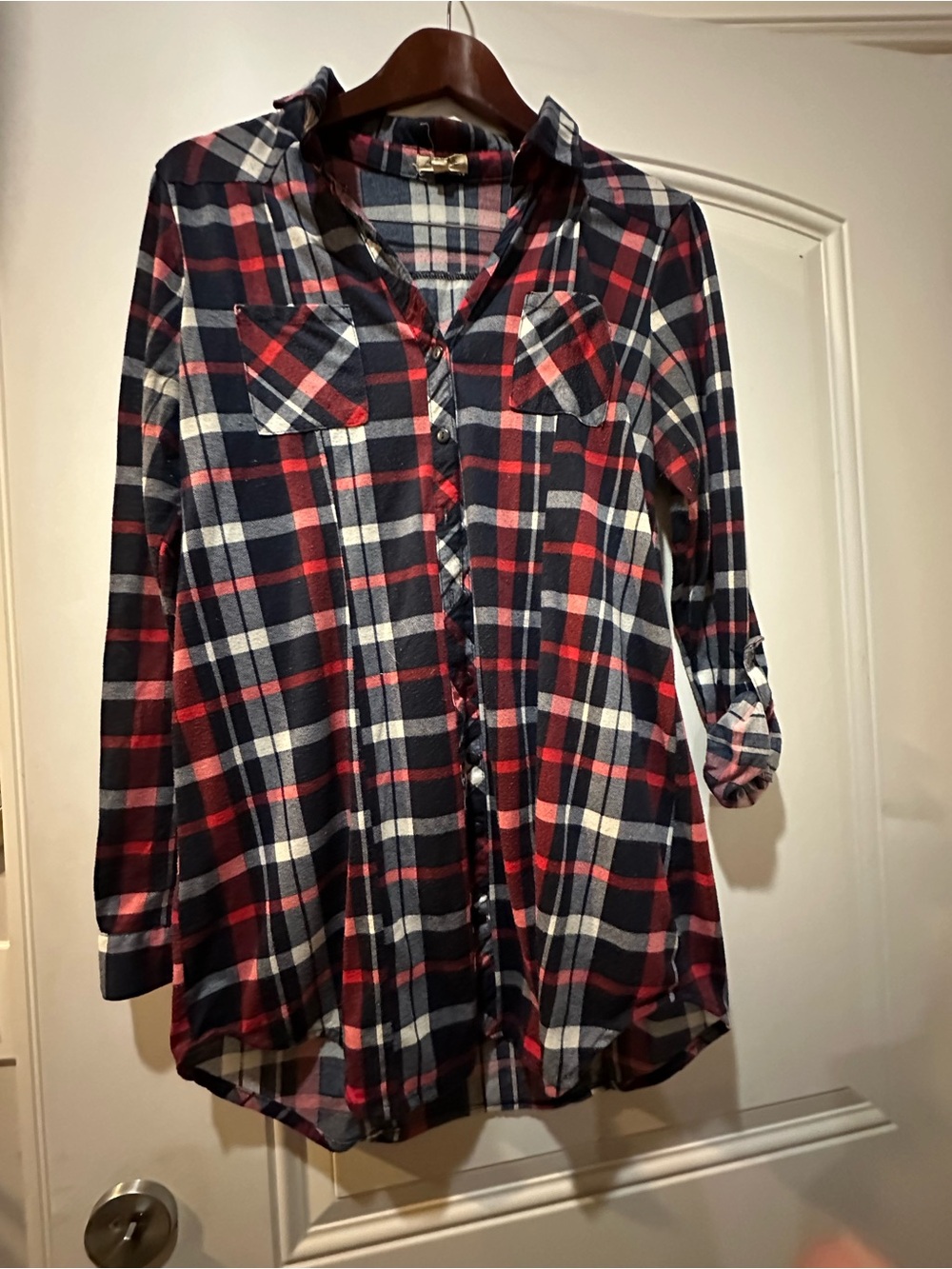 Plaid Button-Down Shirt Dress in Navy, Red & White